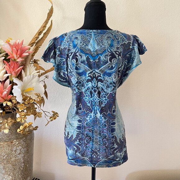 Y2K Floral Flowy Blue Flutter Sleeve Scoop Neck Stretchy Top - Picture 3 of 8